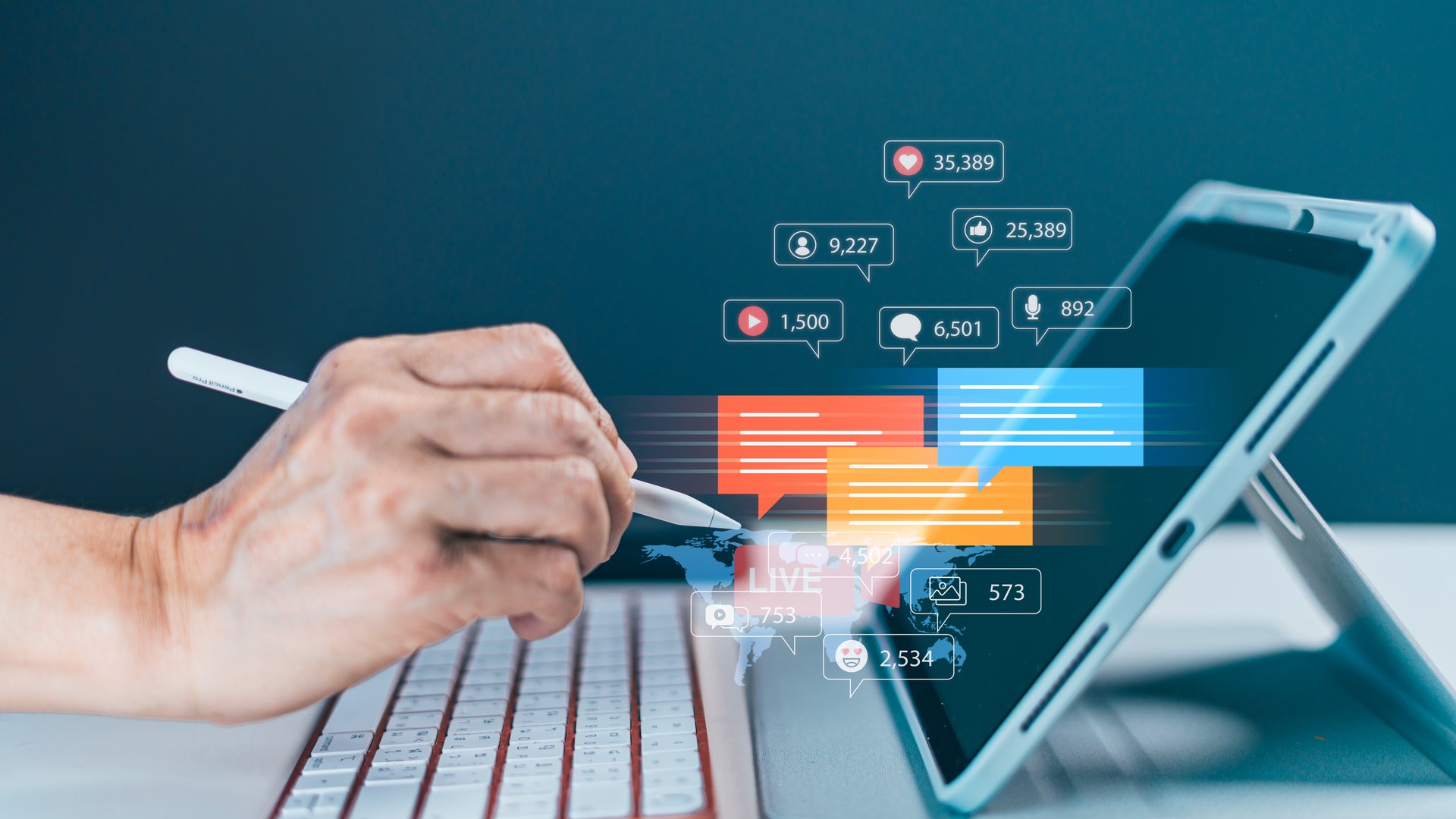 Hand using a stylus with a virtual dashboard showing live stream statistics, social media engagement and a world map. Represents online broadcasting analysis, content marketing and audience feedback