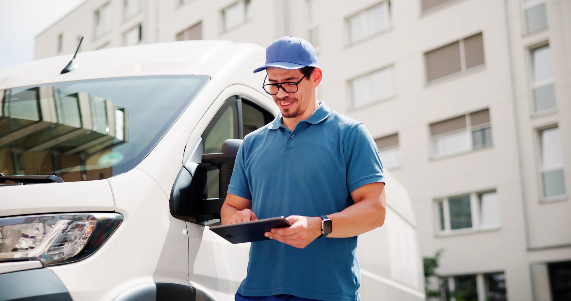 Happy Hispanic Courier Using Tablet To Deliver Packages Near Van