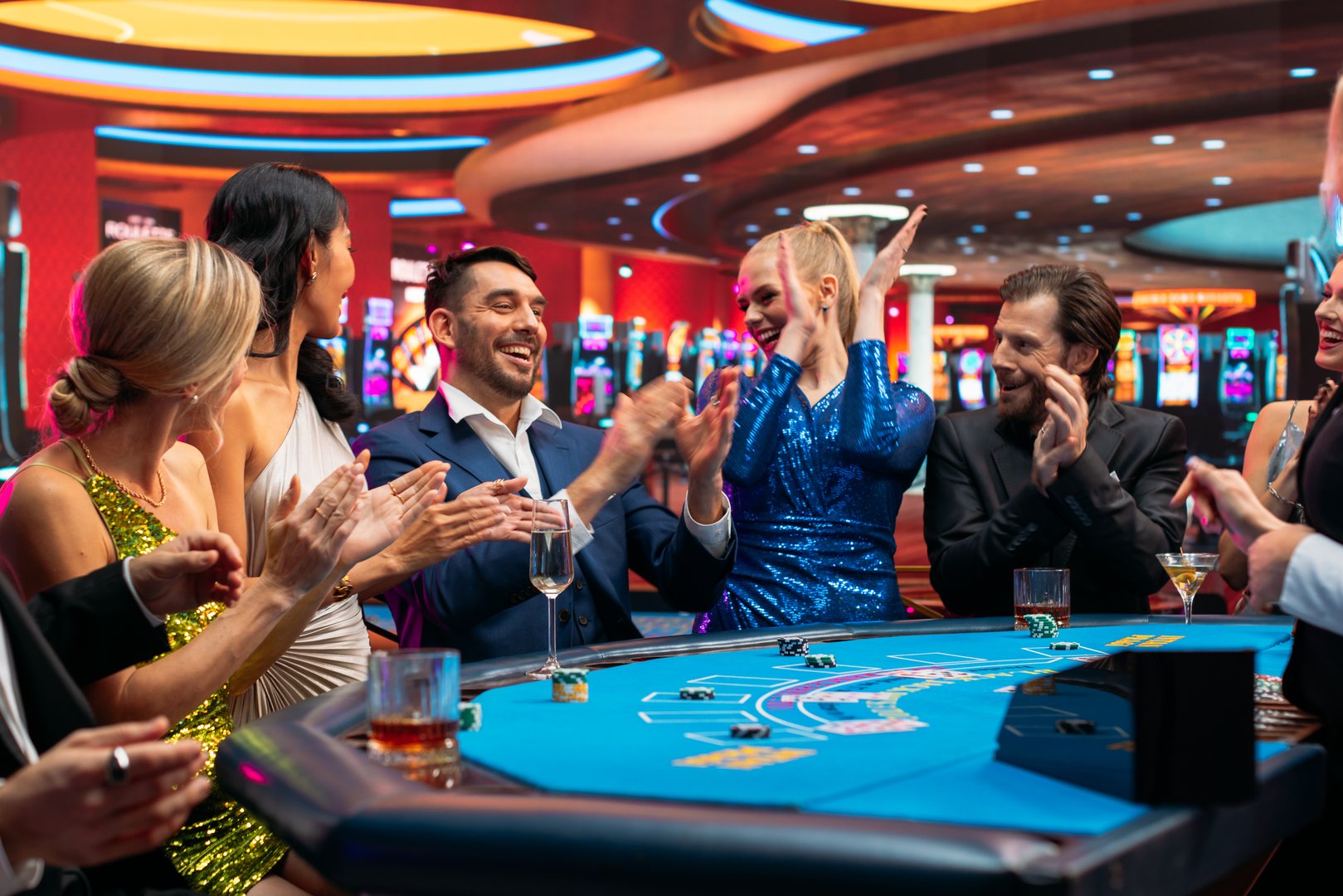 Group of Rich Glamorous People Playing Card at Blackjack Table on a Casino Floor. Celebrating as a Lucky Man Hits the Jackpot after Croupier Dealing a Winning Hand. Cinematic Shot