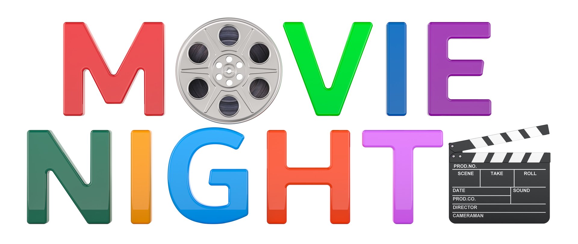Movie Night colorful letters with film reel and clapperboard. 3D rendering isolated on white background