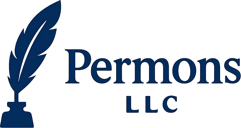 Logo of Permons LLC with a blue ink pen and inkwell design.