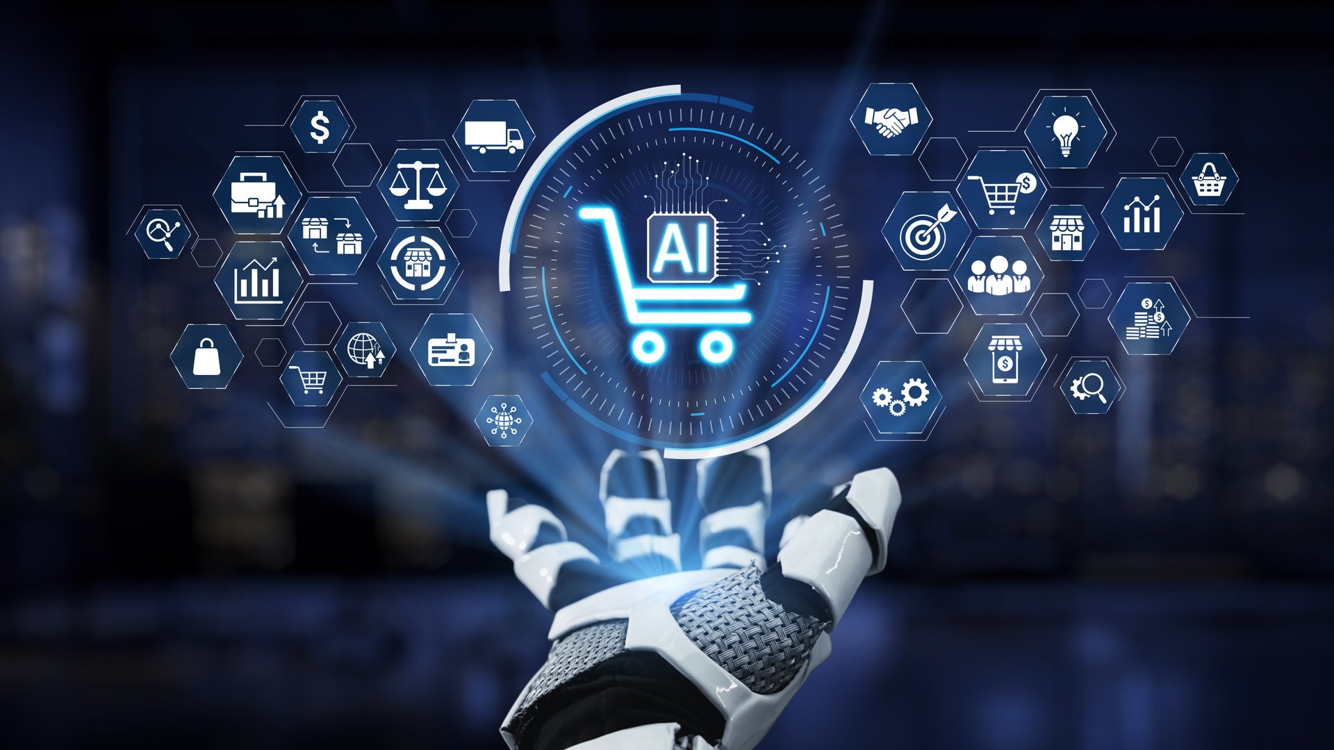 A captivating visual representation of an advanced AI shopping assistant, highlighting digital icons related to e-commerce and technology, emphasizing future retail trends. Synapse