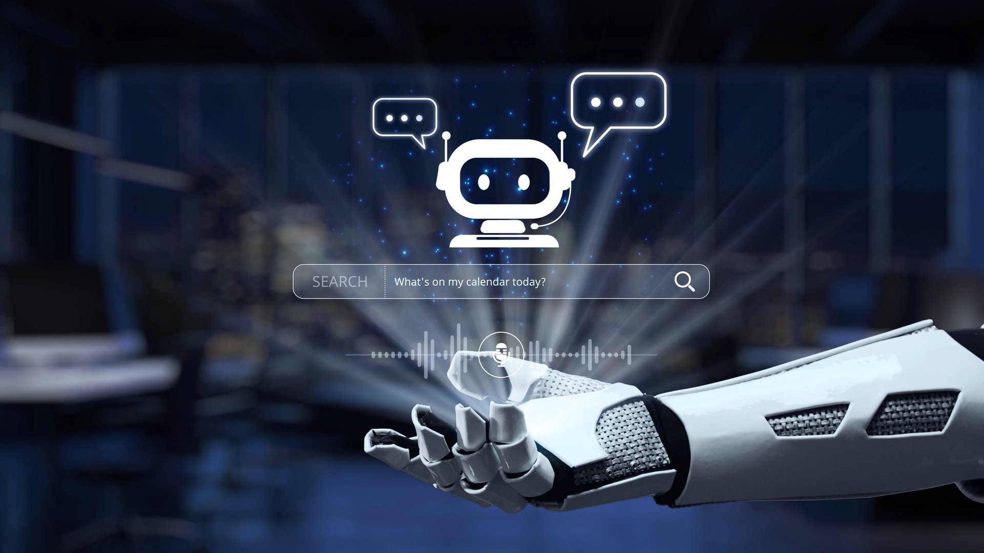 A robotic hand engages in a digital conversation, searching a calendar in a sleek, modern office. The image embodies the future of AI technology in everyday life. Synapse