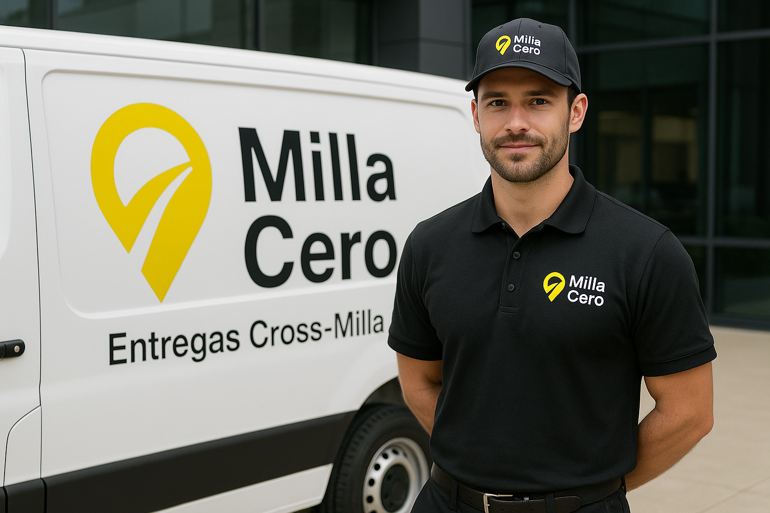 Delivery man in uniform stands beside a white van with Milla Cero logo outside a modern building.
