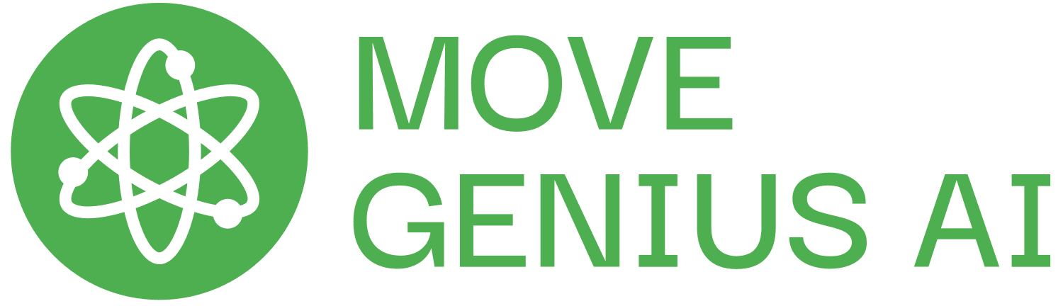 Green and blue logo featuring an atomic symbol next to the text Move Genius AI.