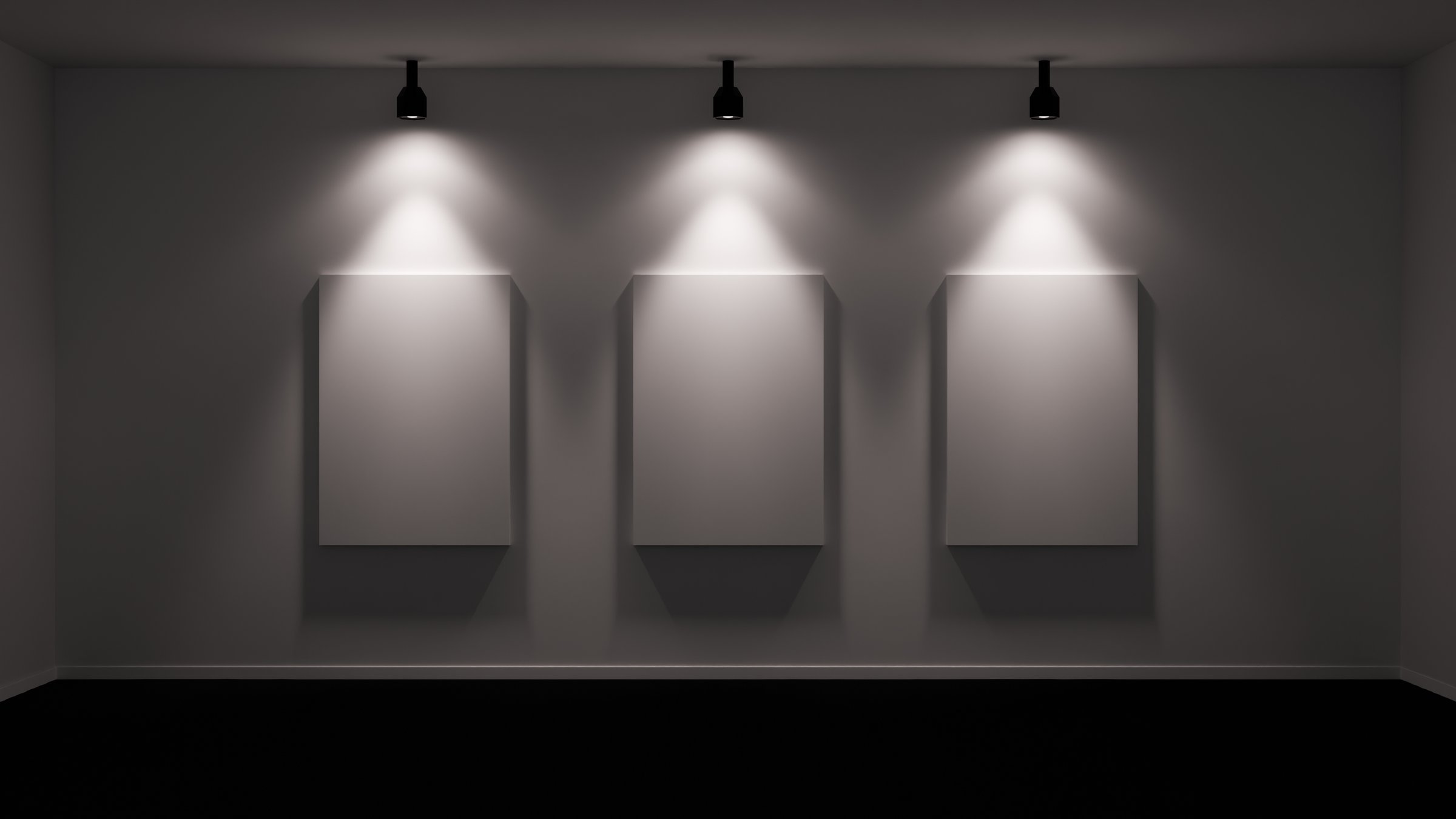 Three blank paintings lit by spotlights in a minimalist gallery. A neutral and elegant space, perfect for representing contemporary art and creativity. 3d illustration.