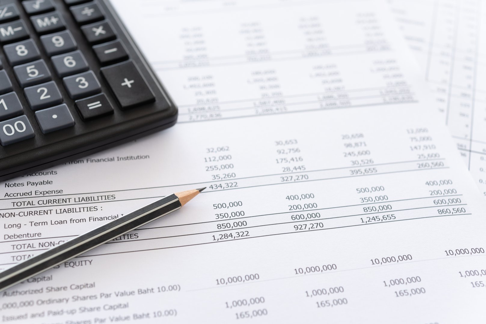 balance sheet and calculator on accountant's desk. Accounting , accounts concept. above view.