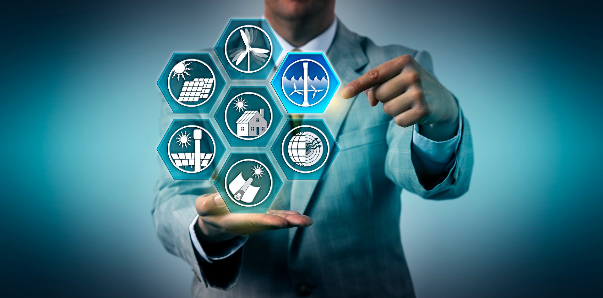 Businessman selecting tidal power generation within the mix of renewable resources. Industry concept for stream energy, electricity generation via currents caused by oceanic tides, sustainability.