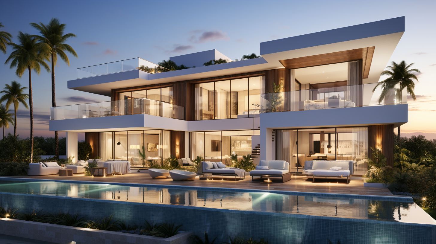 Modern luxury waterfront home with balconies and palm trees in Marina del Rey Los Angeles