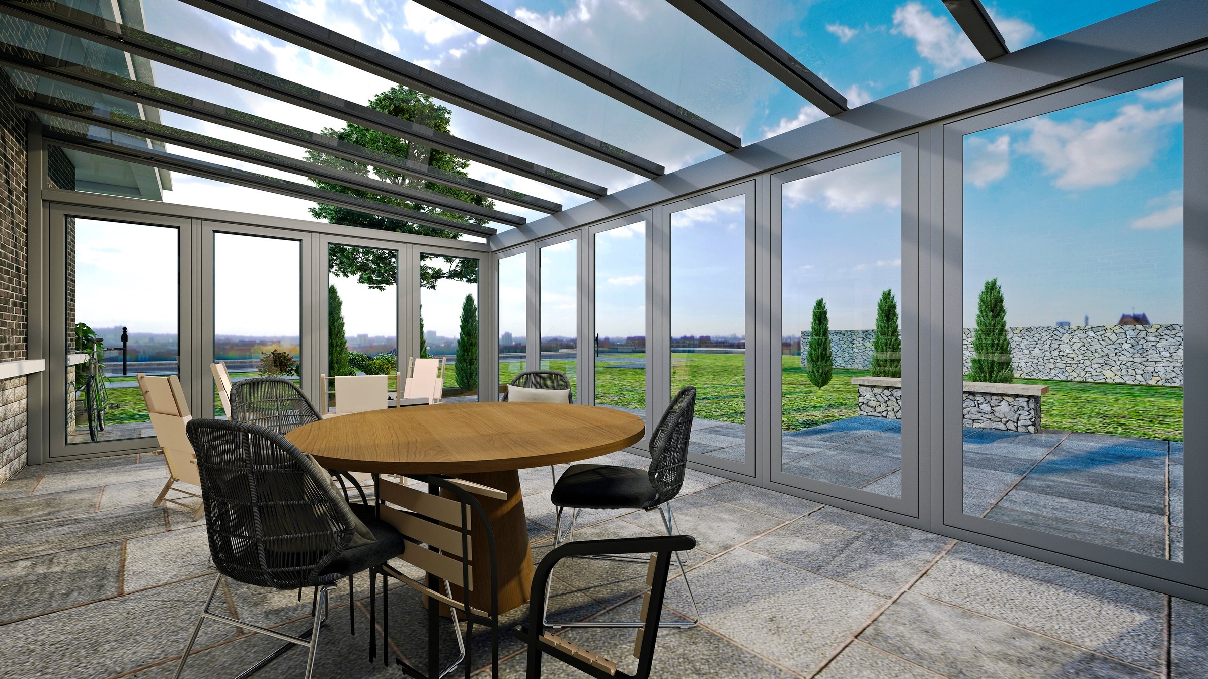 LUXURY AMERICAN HOUSE AND WINTER GARDEN PATIO SUNROOM. 3D RENDERING.