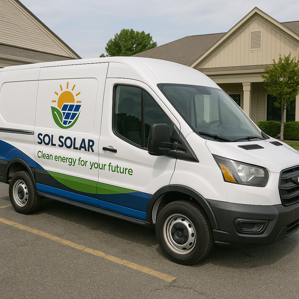 White van with Sol Solar logo and Clean energy for your future parked in front of a beige building.