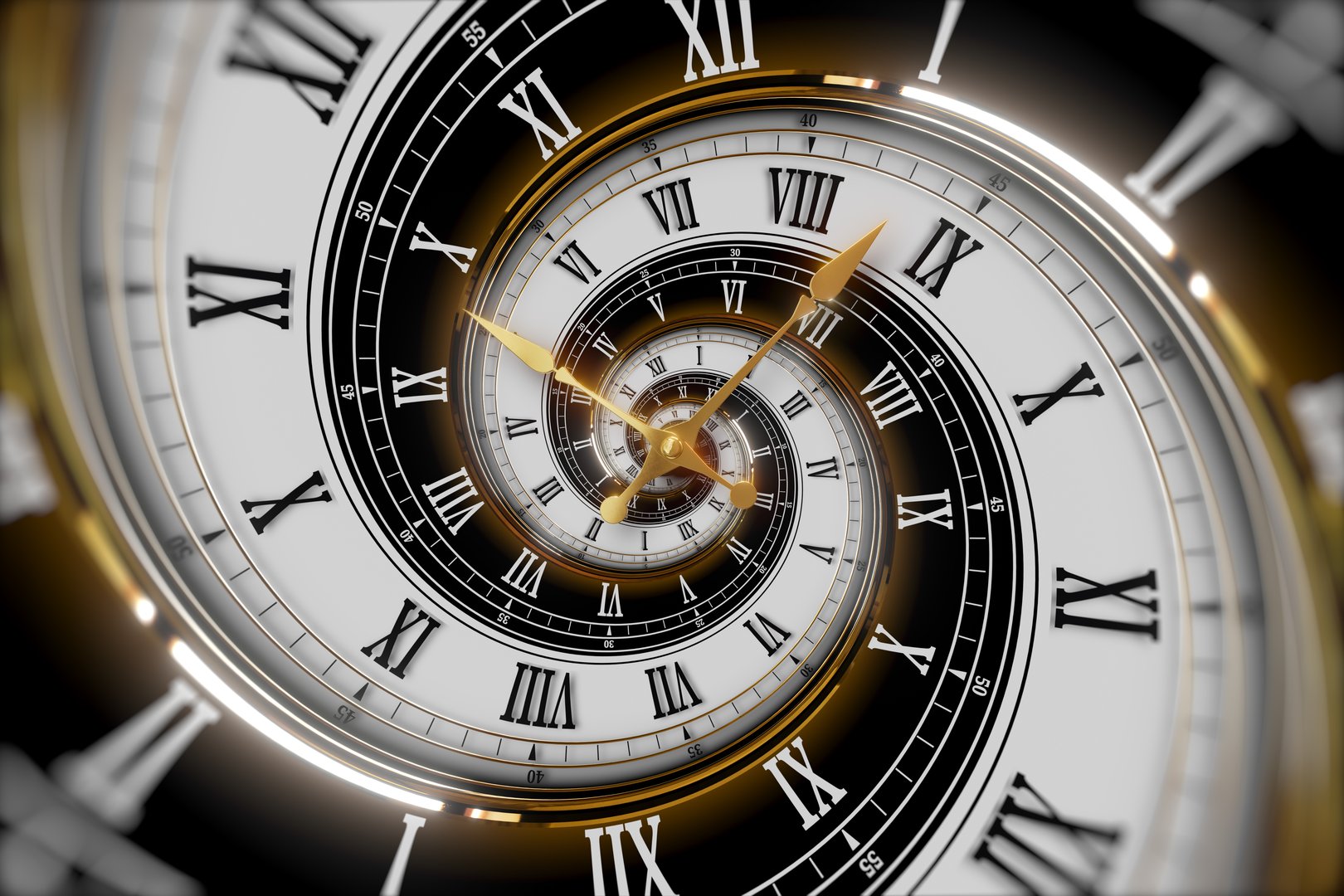 Abstract modern white spiral clock dial with roman and arabic numerals. Concept of Infinite time, deadline, scheduling, time and space, past, present and future.
