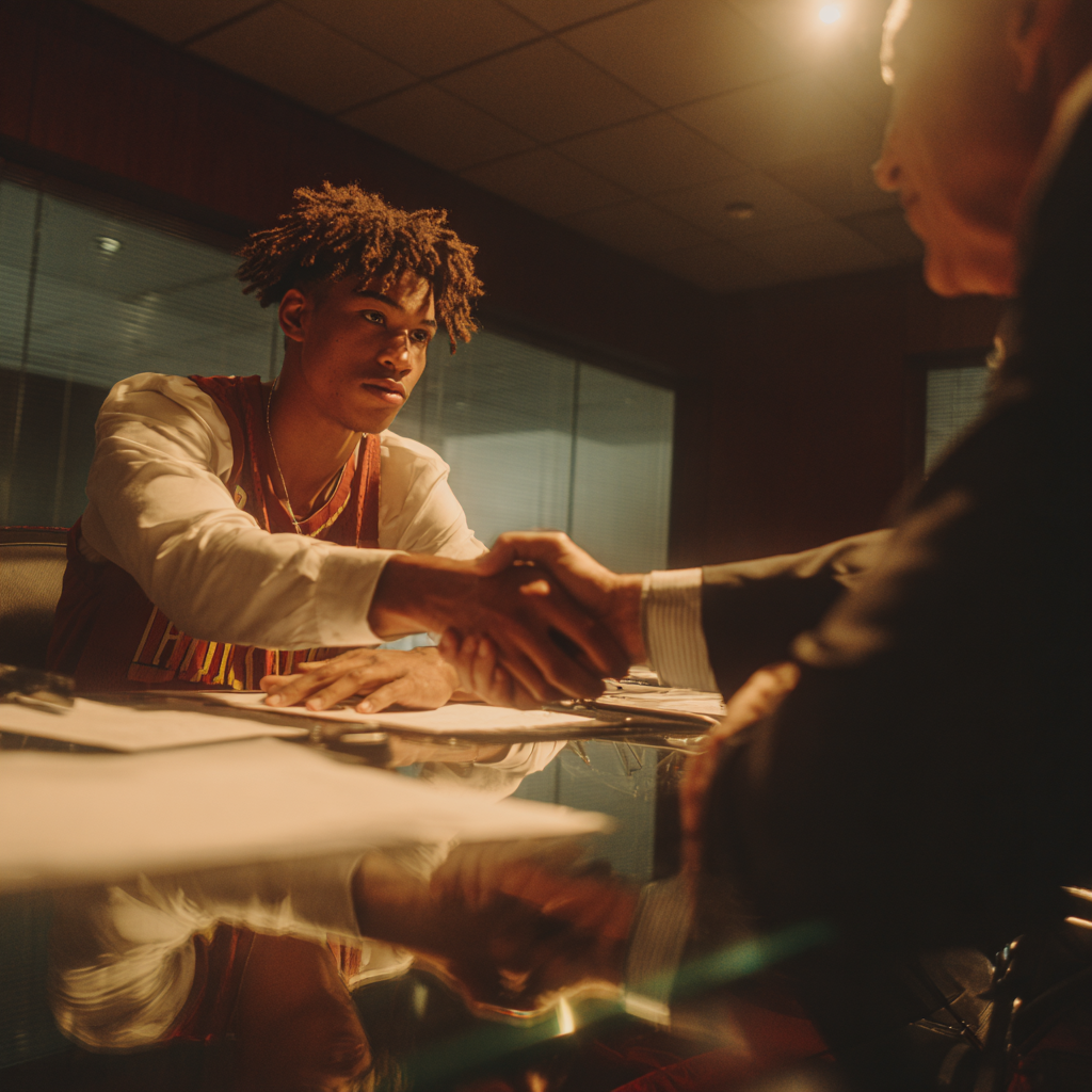 Film-Style Contract Negotiation - A confident high school athlete in contract negotiation meeting