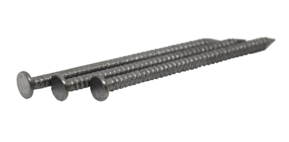Three metal nails with textured shafts and flat heads, placed side by side on a white background.