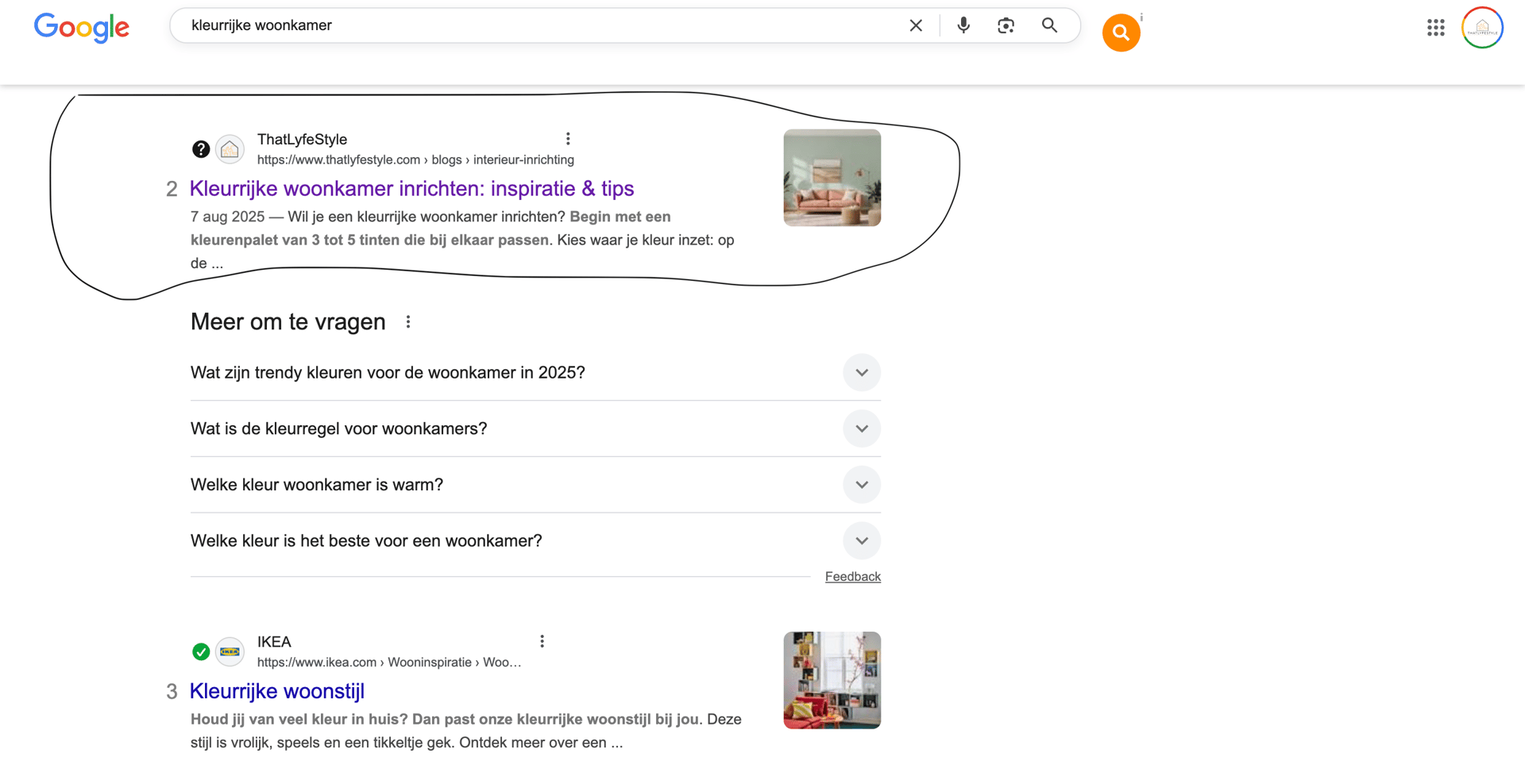 SEO resultaat ThatLifestyle blog - positie 2 in Google zoekresultaten na 3 weken