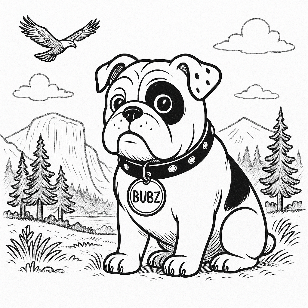 Illustration of a cartoon dog named Bubz with a mountain landscape and flying bird in the background.