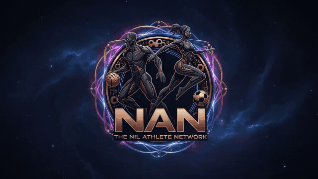 The NAN The NIL Athlete Network logo with male and female sports figures in afrofuturistic tones, featuring a subtle pulsing glow effect. The glow emanates from the metallic accents and glowing lines within the logo