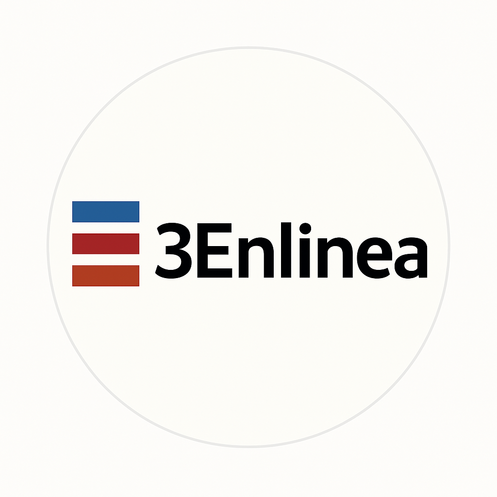 Logo with 3Enlinea text in black, and three stacked lines: blue, white, red, next to the text.