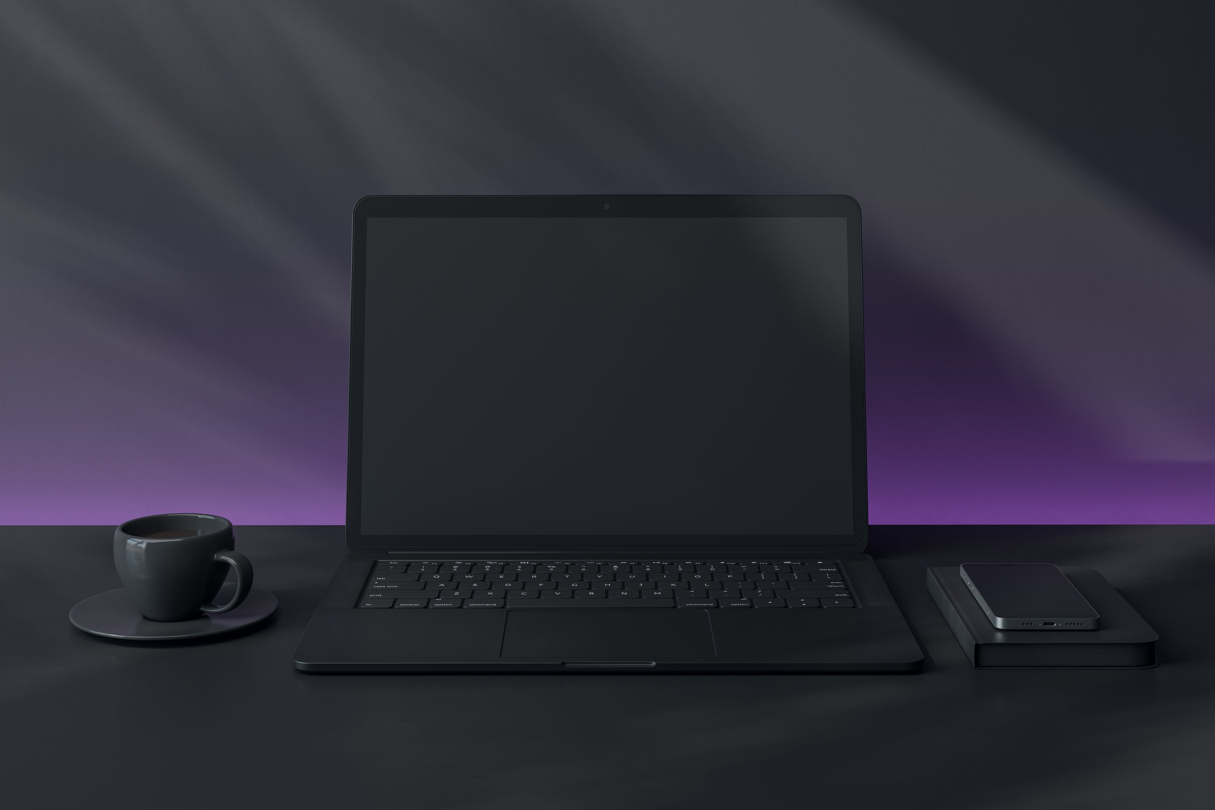 Laptop with blank screen on dark desk, accompanied by coffee cup and smartphone, against a moody gradient background. Modern technology concept. 3D Rendering.