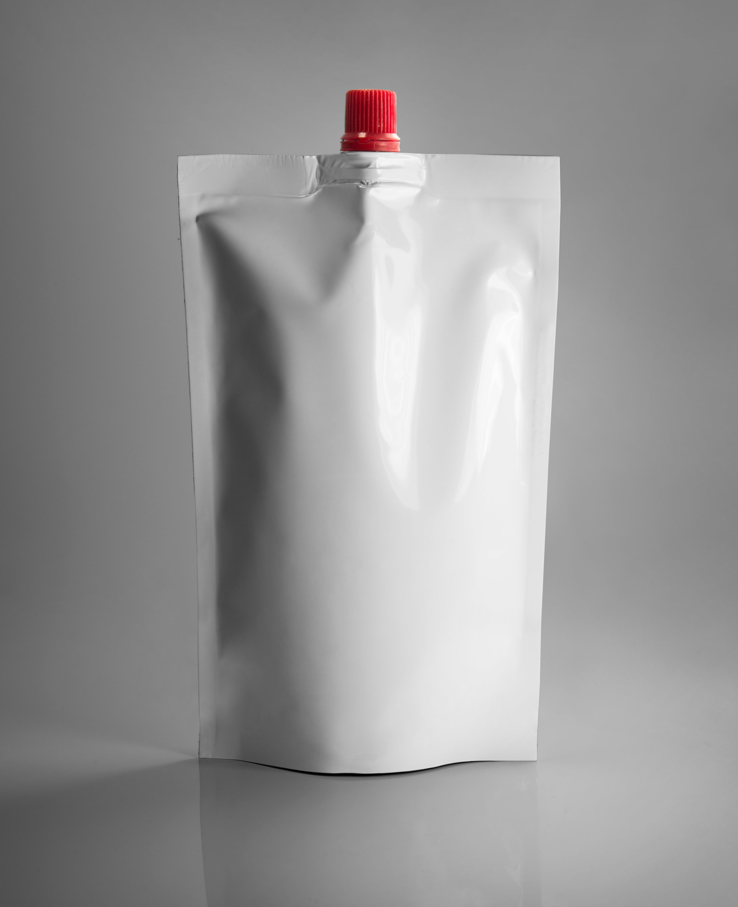 White plastic pouch stand up bag with corner batcher lid