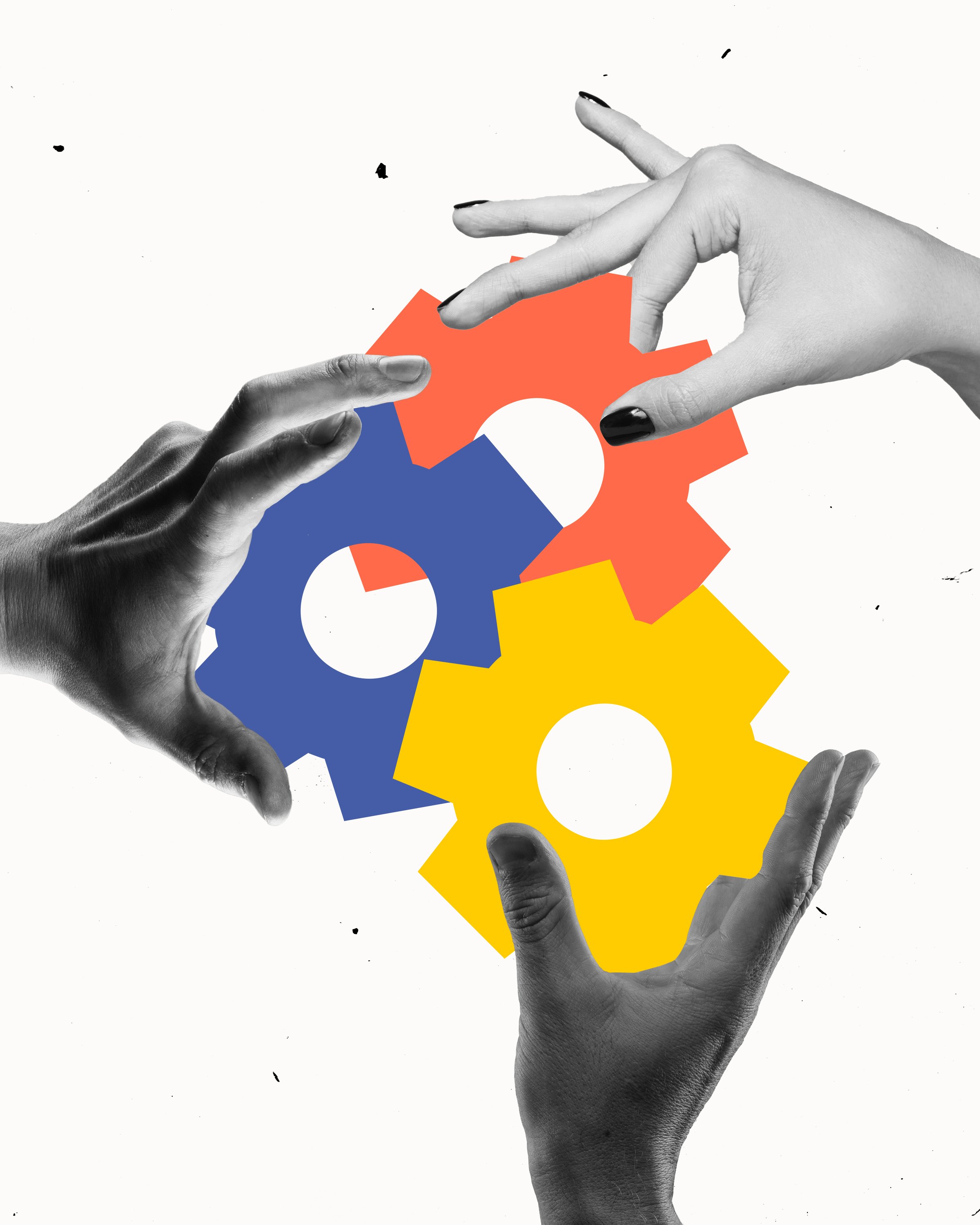 Hands assembling interconnected gears, symbolizing teamwork, cooperation, and problem-solving. Synergy of skills and expertise. Concept of business, leadership, and strategic thinking.