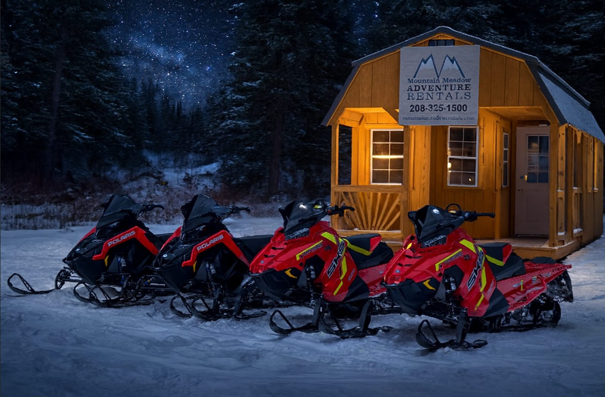 Snowmobilers with headlights on riding under starry night sky