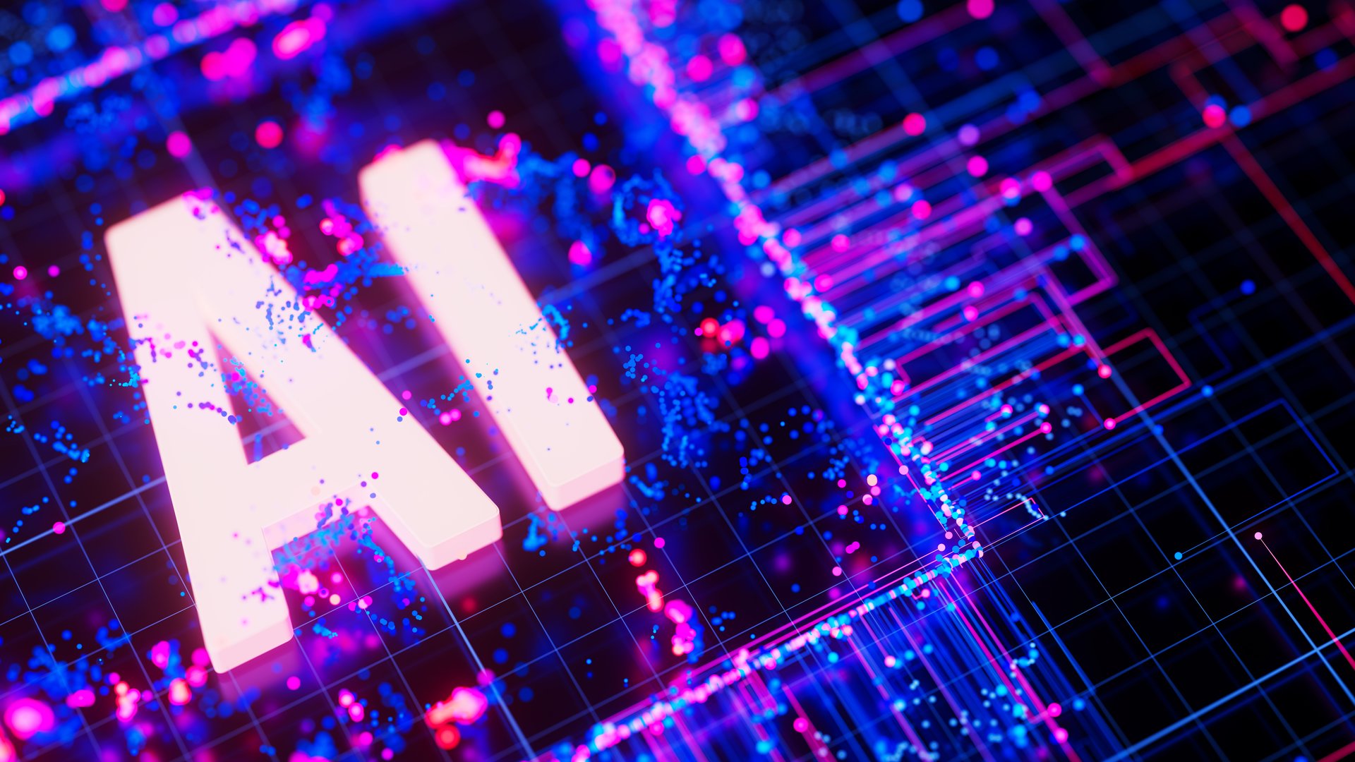 Artificial intelligence central processing unit background. Quantum computing core with data flows and logic operations. Futuristic technology neural network qubit processor