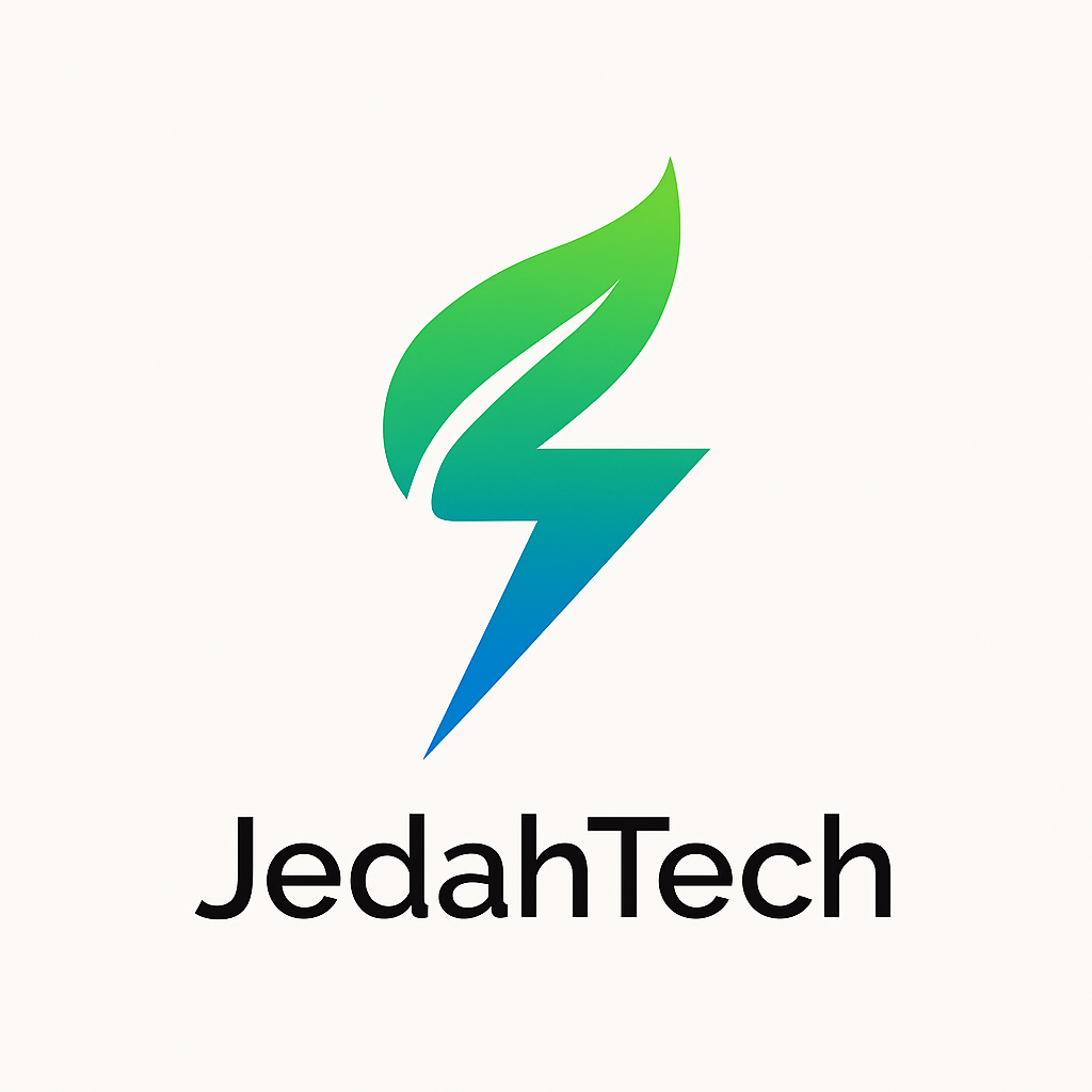 Logo with a green and blue stylized leaf shaped like a lightning bolt above the text "JedahTech."