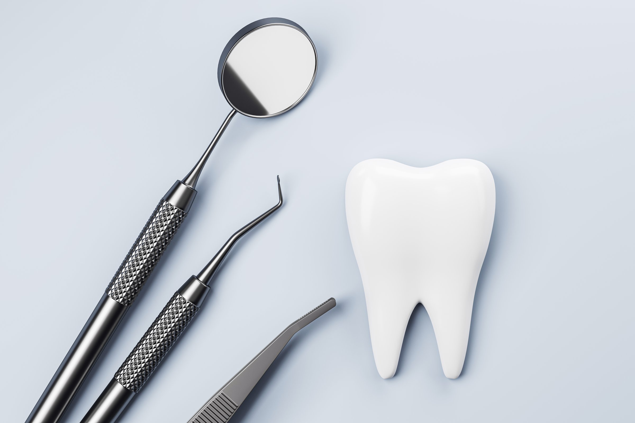 Dental instruments and a white tooth model shown in a realistic 3D rendering style on a light background, representing abstract dental care concept