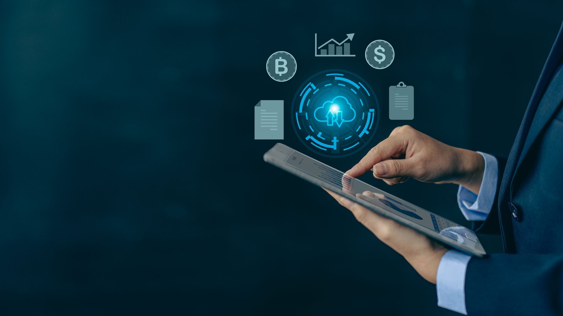 Businessman holding tablet with projected icon on euro online trading screen internet business concept business virtual chart growth report Business Strategic Planning Concepts