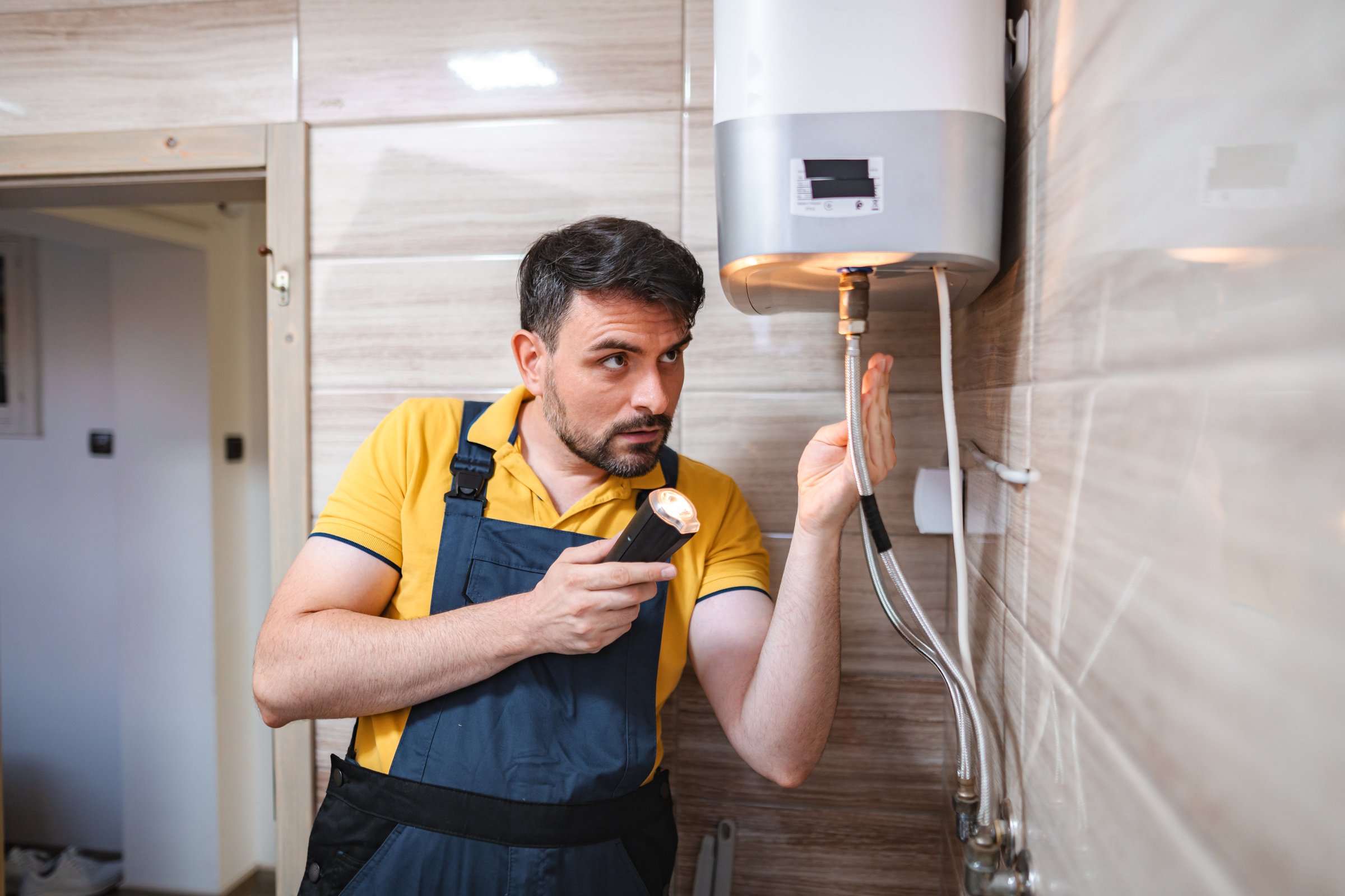 Plumber inspecting water heater