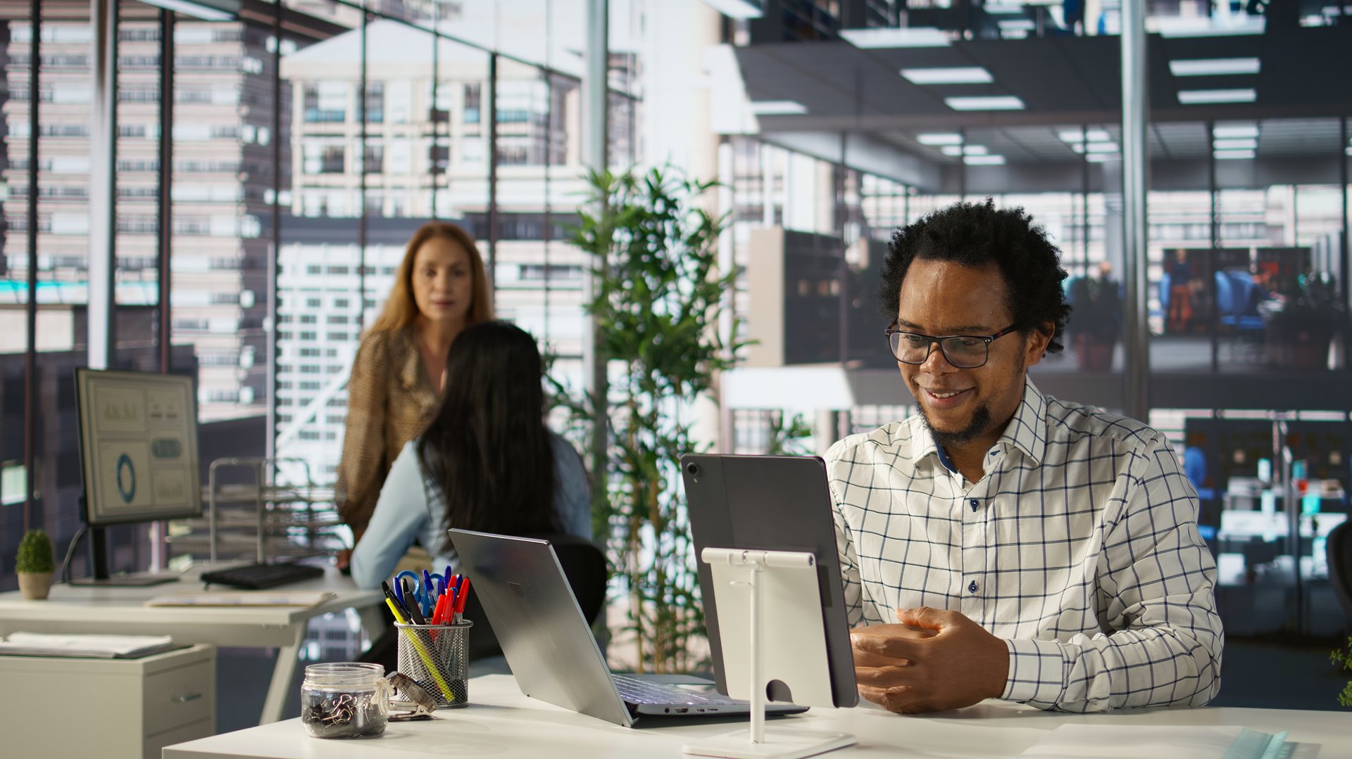 African american entrepreneur attends online meeting to discuss business opportunities and resource allocation. Fostering successful collaboration with investors group on video conference. Camera B.