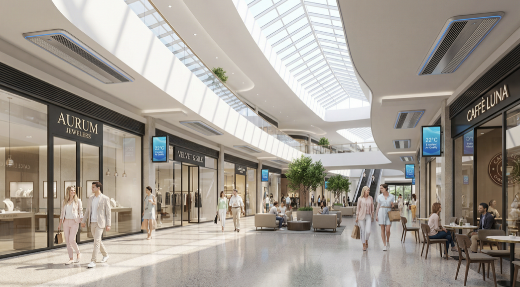 Modern retail shopping center interior with thermoacoustic HVAC system