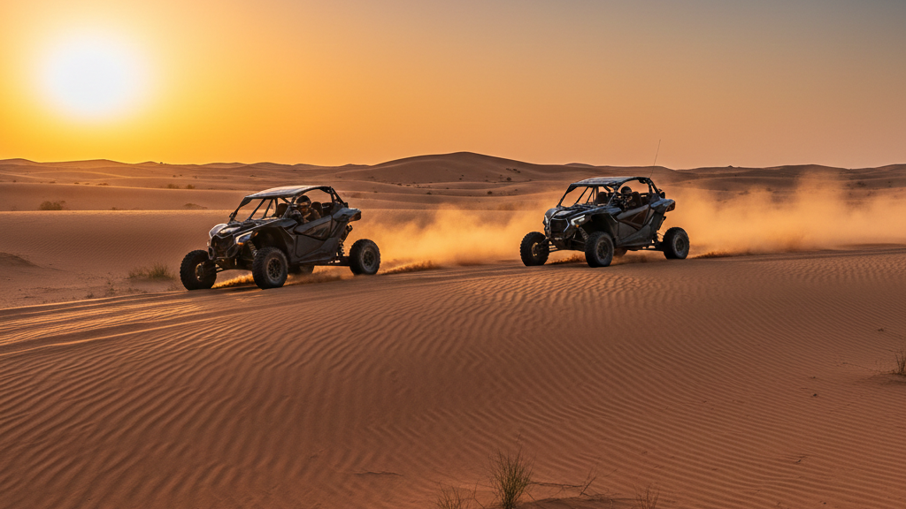 Evening dune buggy ride in Dubai with golden sunset