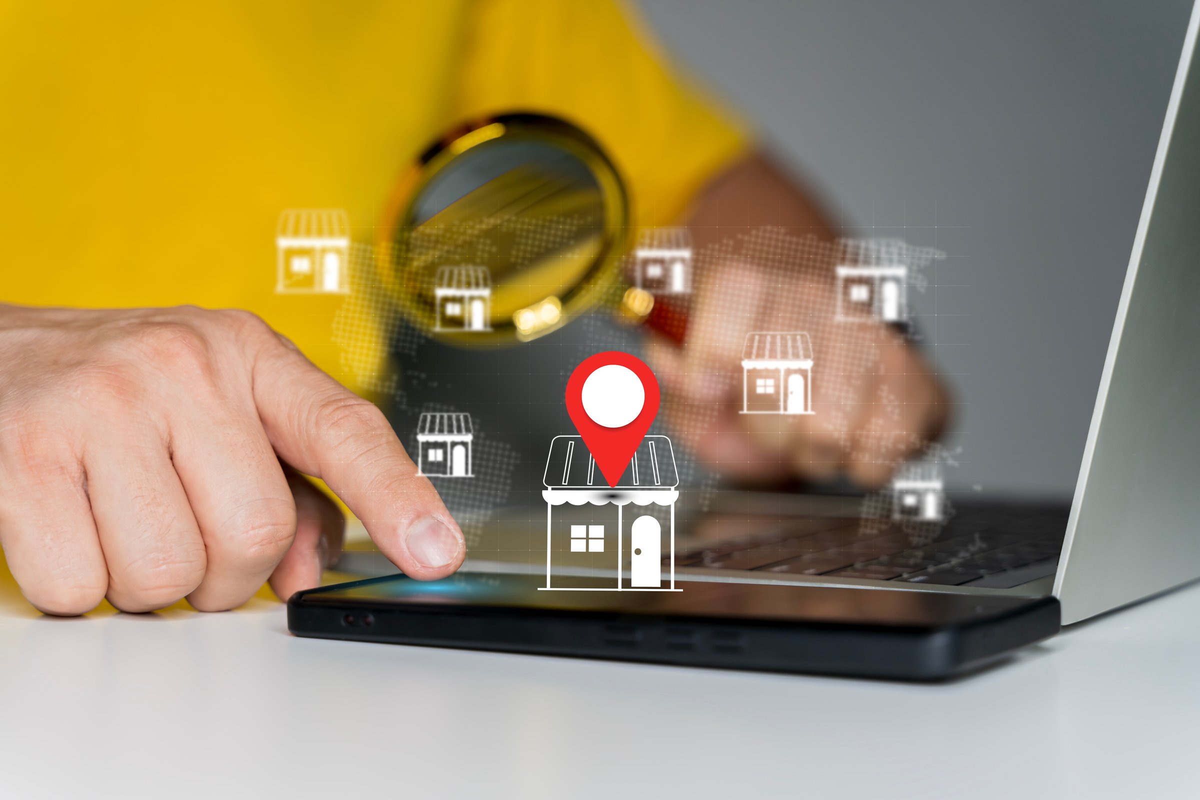 Local marketplace e-commerce concept, local seo strategy, local search optimization, small business and retail. Businessman use laptop with local marketplace icons on virtual screen.