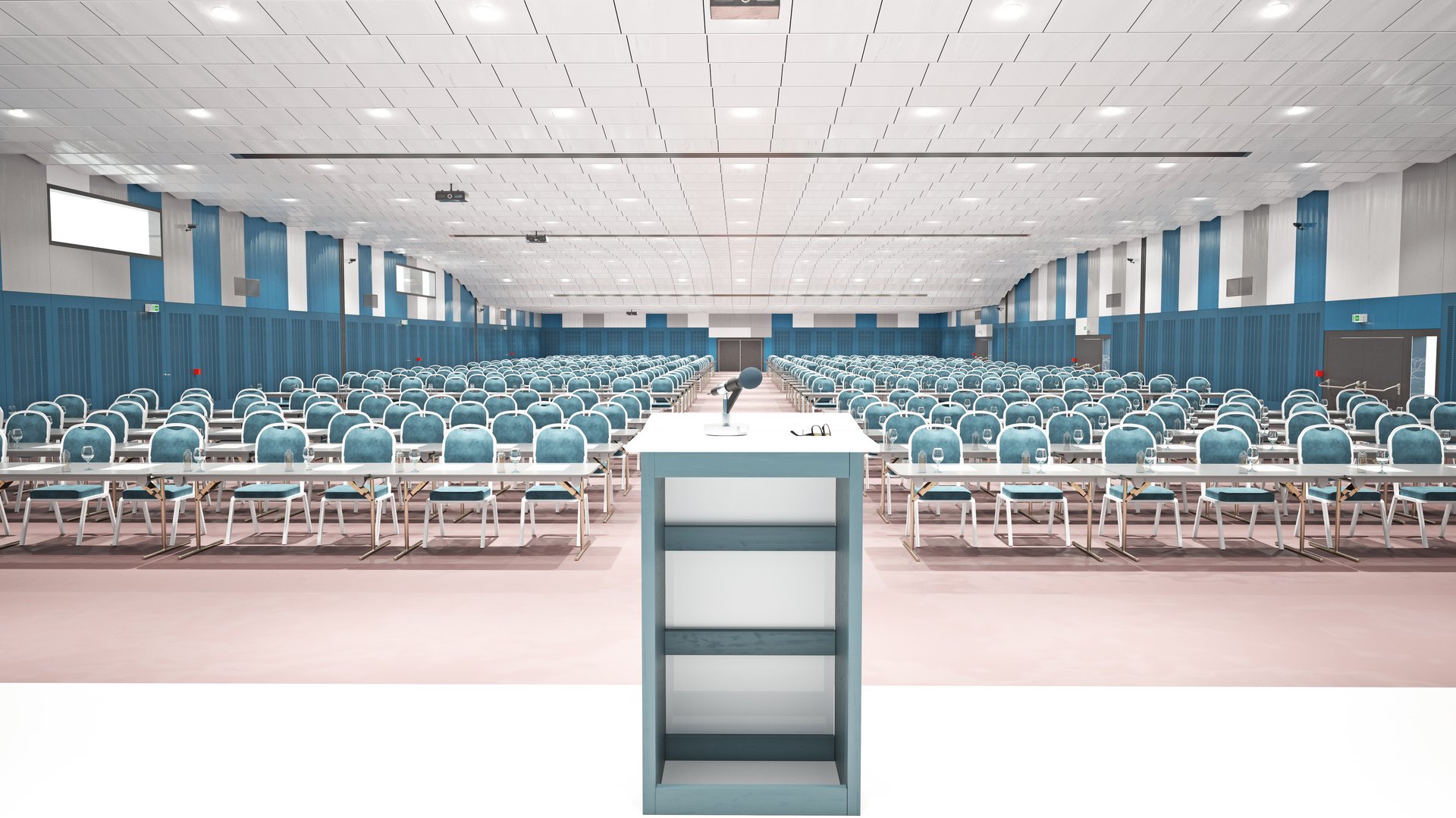 A spacious conference hall with rows of chairs and a podium, set up for a large meeting or seminar. 3d render