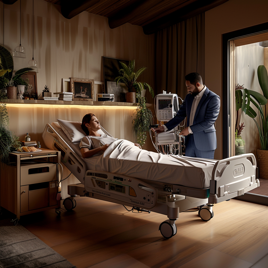 A doctor in a suit checks medical equipment beside a patient lying in a hospital bed in a warmly lit room with plants.