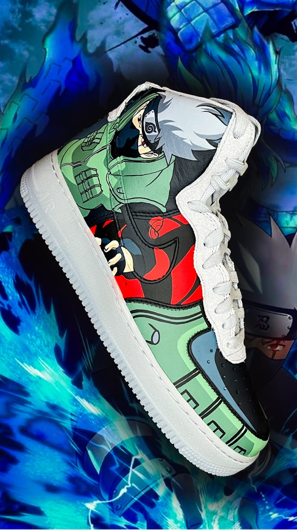 Custom sneaker with anime-inspired design featuring a masked character on a blue and green background.