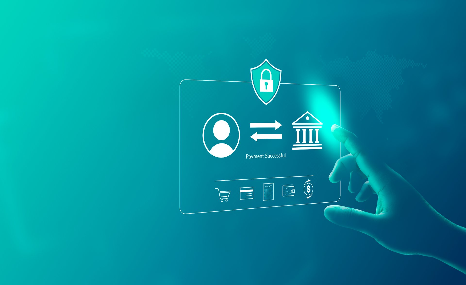 Secure online payment and bank transfer UI with encryption shield and payment success confirmation, fintech banking UX with user-to-bank flow, wallet and invoice icons on teal gradient background