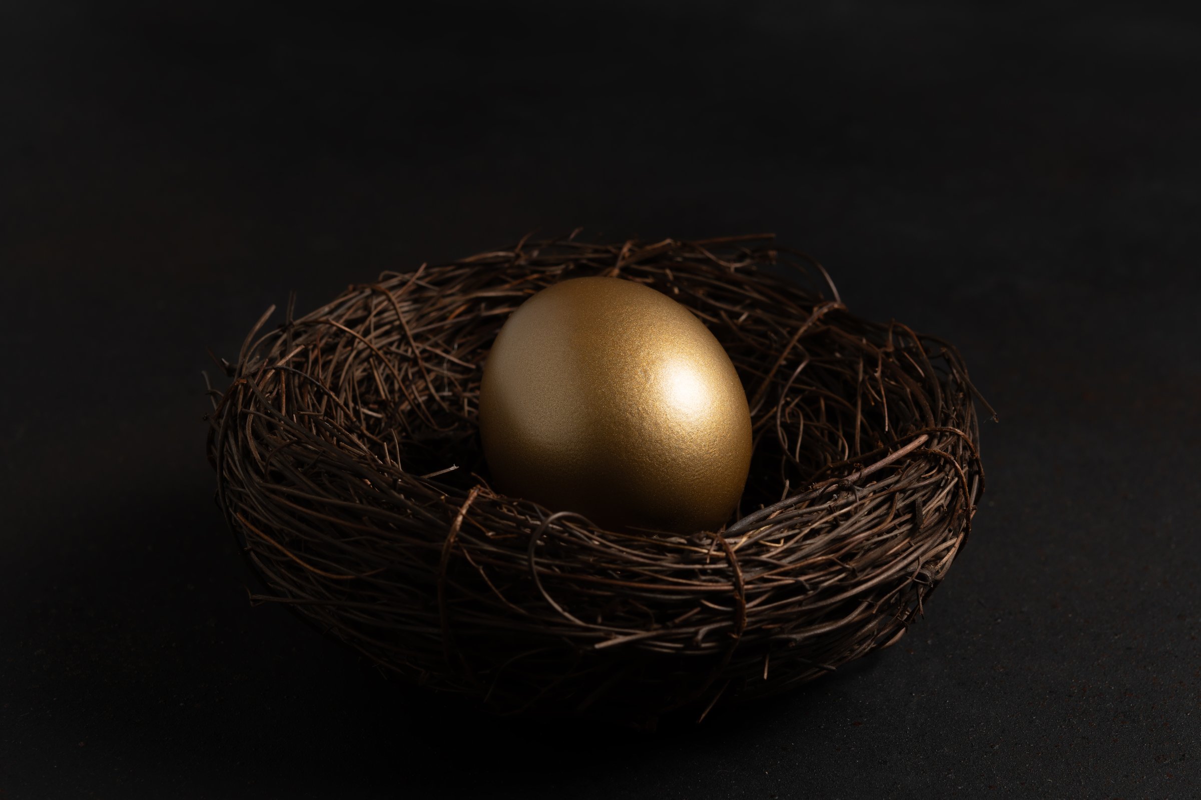 Easter Gold egg in nest on black background