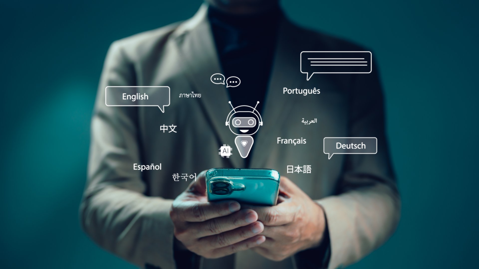 A person holds a smart phone with an AI chatbot interface. Digital speech bubbles show multiple languages, representing global communication, advanced technology, and innovative solutions for business