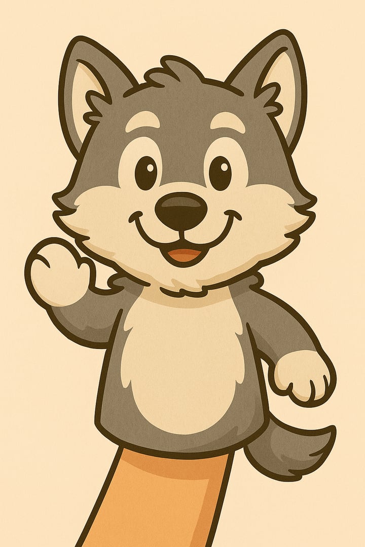 Cartoon puppet of a smiling gray wolf on a persons hand against a beige background.
