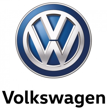 Volkswagen logo featuring a stylized VW in silver on a blue circular background with Volkswagen text below.