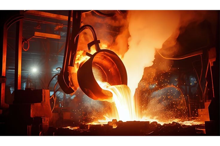Liquid steel being poured in manufacturing facility