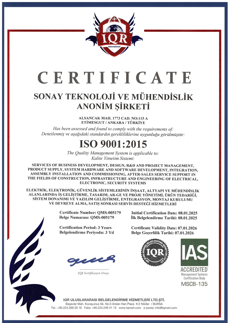 SONAY TEKNOLOJİ ISO 9001 Sertifikası