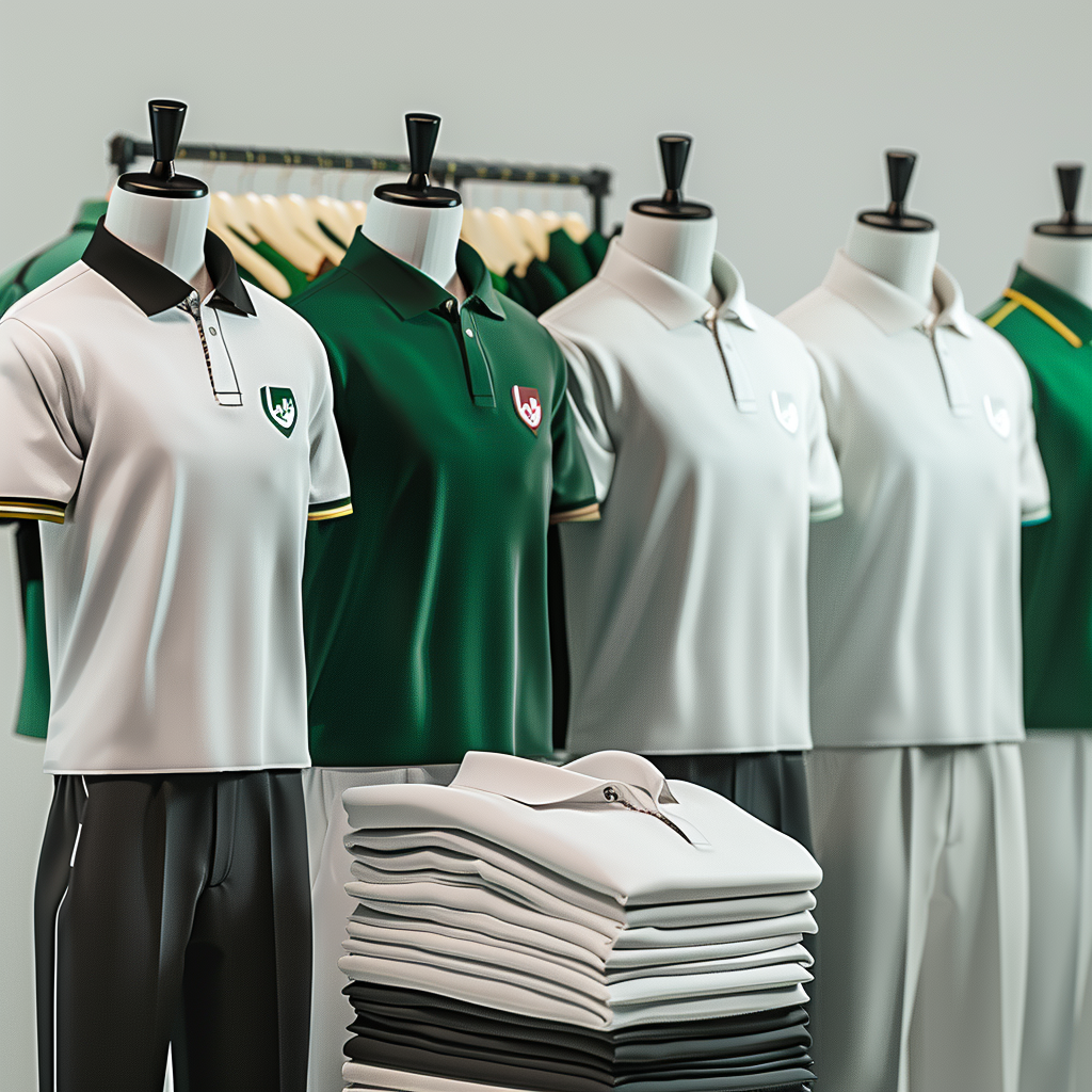 Display of polo shirts and pants on mannequins, with folded shirts in the foreground, in a clothing store setting.