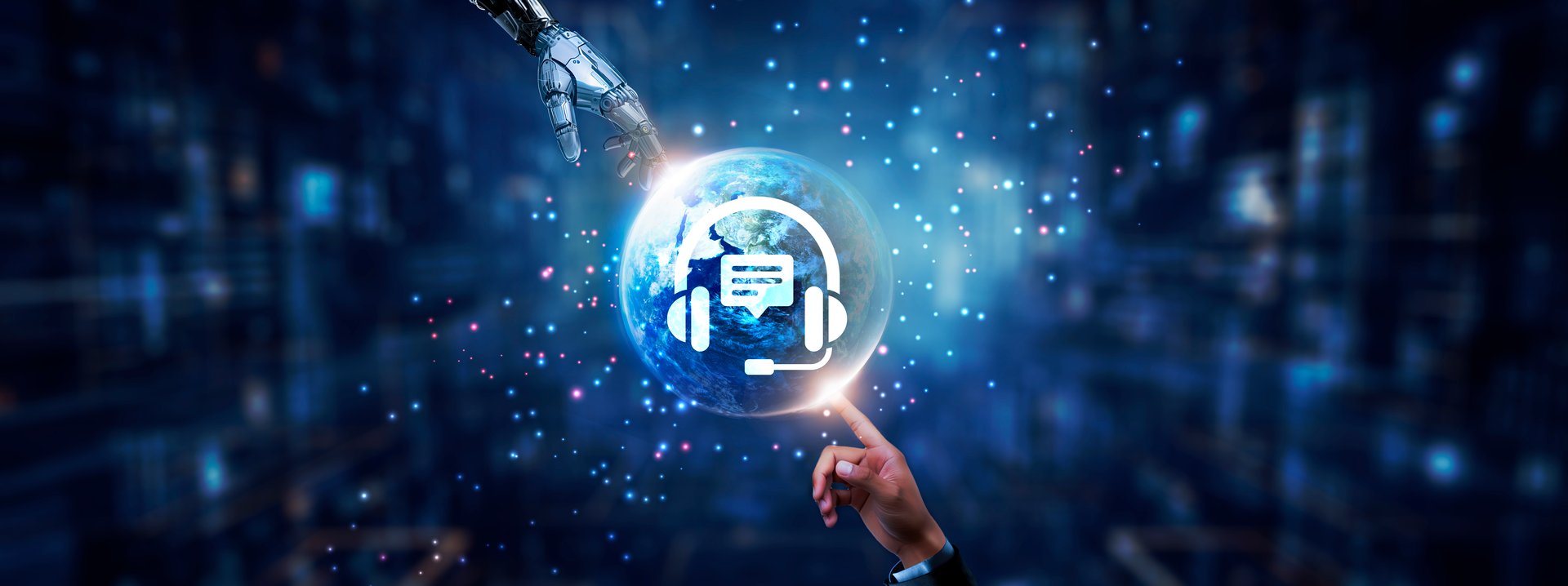 Hands of robot and human touching on customer support icon global network connection, real-time assistance, personalized service, automated responses, and artificial intelligence technology.