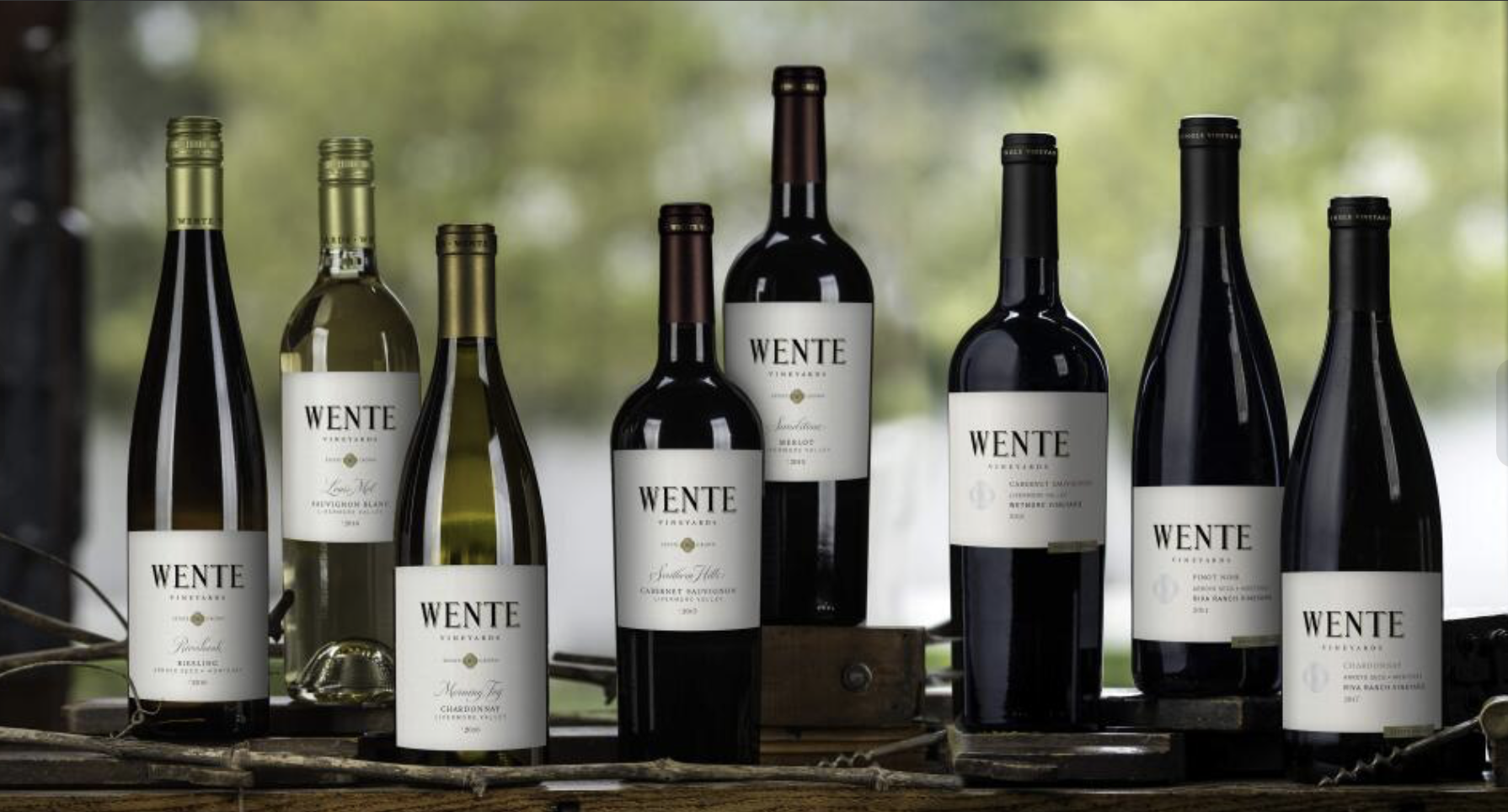 Assorted Wente wine bottles displayed on a wooden surface, featuring both red and white varieties.