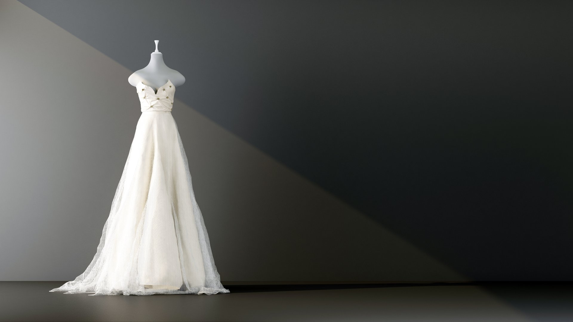 wedding dress in a beam of light on a black background. 3d rendering