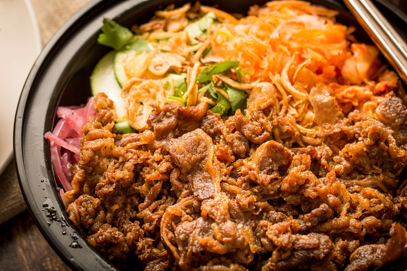 Close up view of Korean style beef bulgogi bowl
